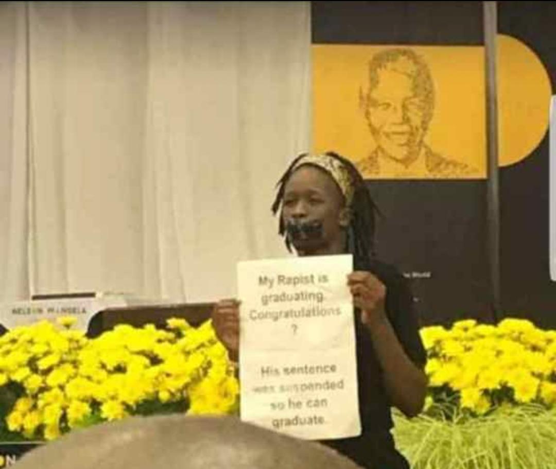 WomenProtestSA's tweet photo. "My rapist is graduating. Congratulations. His sentence was suspended so he could graduate." @MandelaUni 

#NMUGraduation
#FindUsInTheRevolution
#NoGraduation4Rapists 
#24Demands https://t.co/VobcWo7cXm