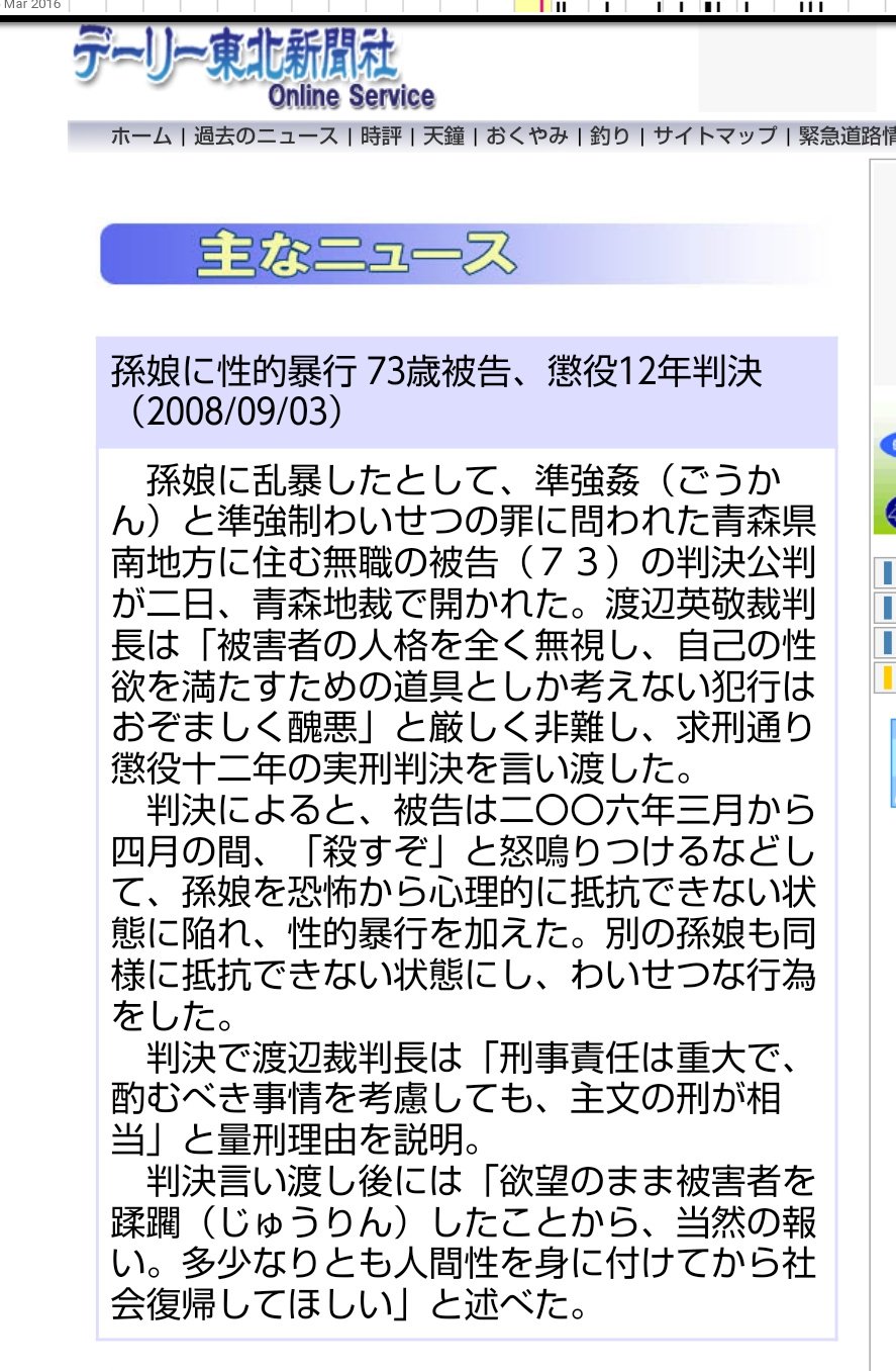 麦 08年 孫2人に対し準強姦と準強制わいせつの罪に問われた男に対して 青森地裁は懲役12年の実刑判決を言い渡してます 男は公判で 被害者 は嫌がっていなかった と主張するも心理的強制が認められました 似た事件で 今回は裁判長が虐待は認め 麦 08年 孫2人に対し準強姦と準強制わいせつの罪に問われた男に対して 青森地裁は懲役12年の実刑判決を言い渡してます 男は公判で 被害者 は嫌がっていなかった と主張するも心理的強制が認められました 似た事件で 今回は裁判長が虐待は認め