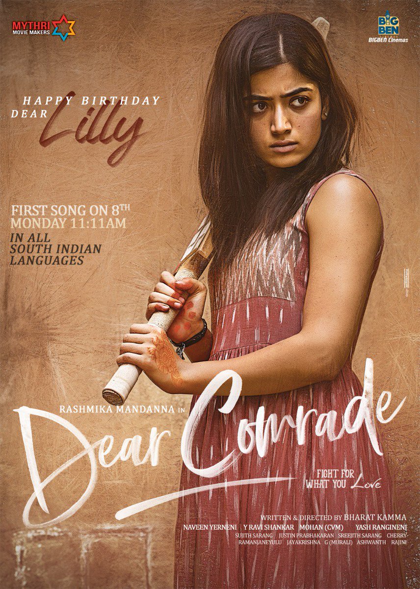 Cinemamanics's tweet photo. First Song from #DearComrade on 8th April at 11.11AM in Telugu,Malayalam,Tamil &amp; Kannada 💕

#HappyBirthdayDearLilly #HappyBirthdayRashmika 

@iamRashmika @TheDeverakonda @MythriOfficial #DearComrade https://t.co/3Mp9J5fMV4