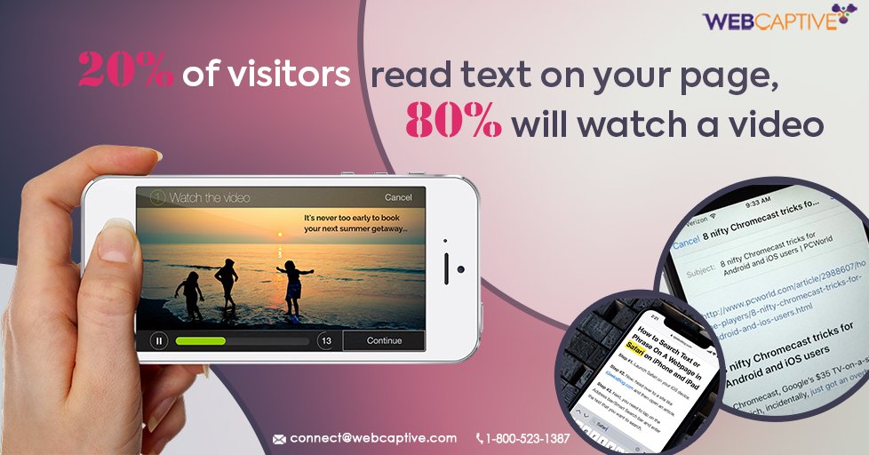 WebCaptive_inc's tweet photo. Using a video on your landing pages increases conversion by 86%
#videos #Digitalmarketing #engagement https://t.co/qYMuJNY6EM