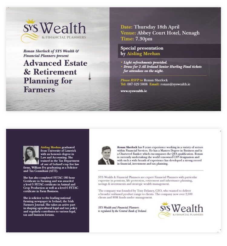 RonanSherlock's tweet photo. @sys_wealth: Our next “Advanced Estate and Retirement planning for Farmers” seminar will take place in the @GNAbbey_Court on 18th April (19:30). @NenaghGuardian 

@Agrisolicitor joins us once again to discuss estate and tax planning. 

https://t.co/BOgkSM6whh https://t.co/VVjttNYFQQ