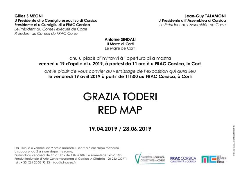 Vernissage de l'exposition de l'artiste italienne Grazia Toderi "RED MAP" le 19 avril à 11h dans les salles d'exposition du FRAC Corsica, à Corti 
#FRACCorsica #FRAC #CdC #Corti #exposition #artcontemporain #GraziaToderi #REDMAP <a href="/fraccorse/">fracorsica</a> <a href="/CultureCorse/">Culture Corse</a> <a href="/IsulaCorsica/">Cullettività di Corsica - Collectivité de Corse</a>