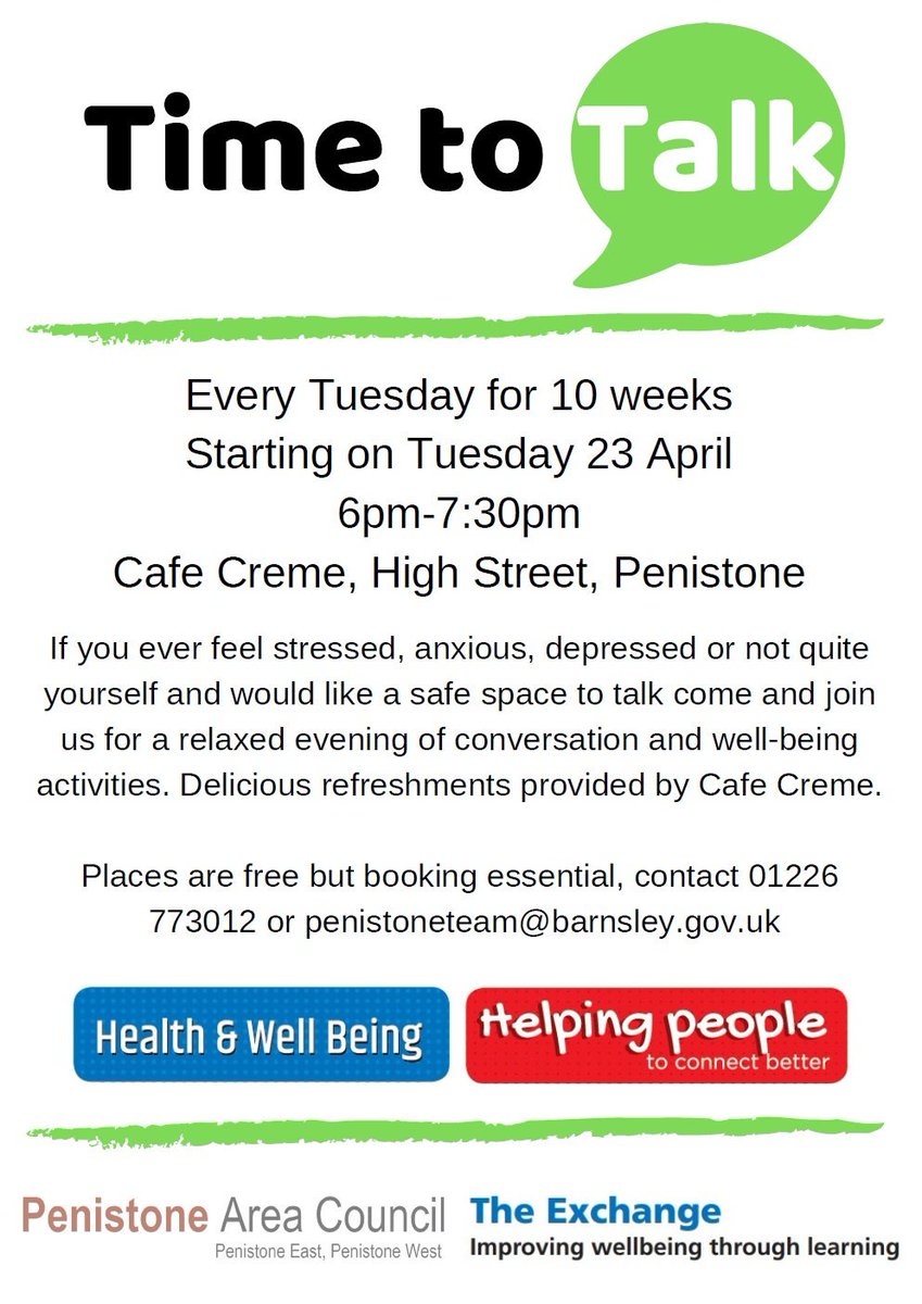 Time to Talk is a new opportunity for people living in the Penistone area to come together over a cuppa and a bun, have a chat and make new friends. To book and for more information, please contact the Penistone Area Team #LoveBarnsley #loveit #lwylbarnsley