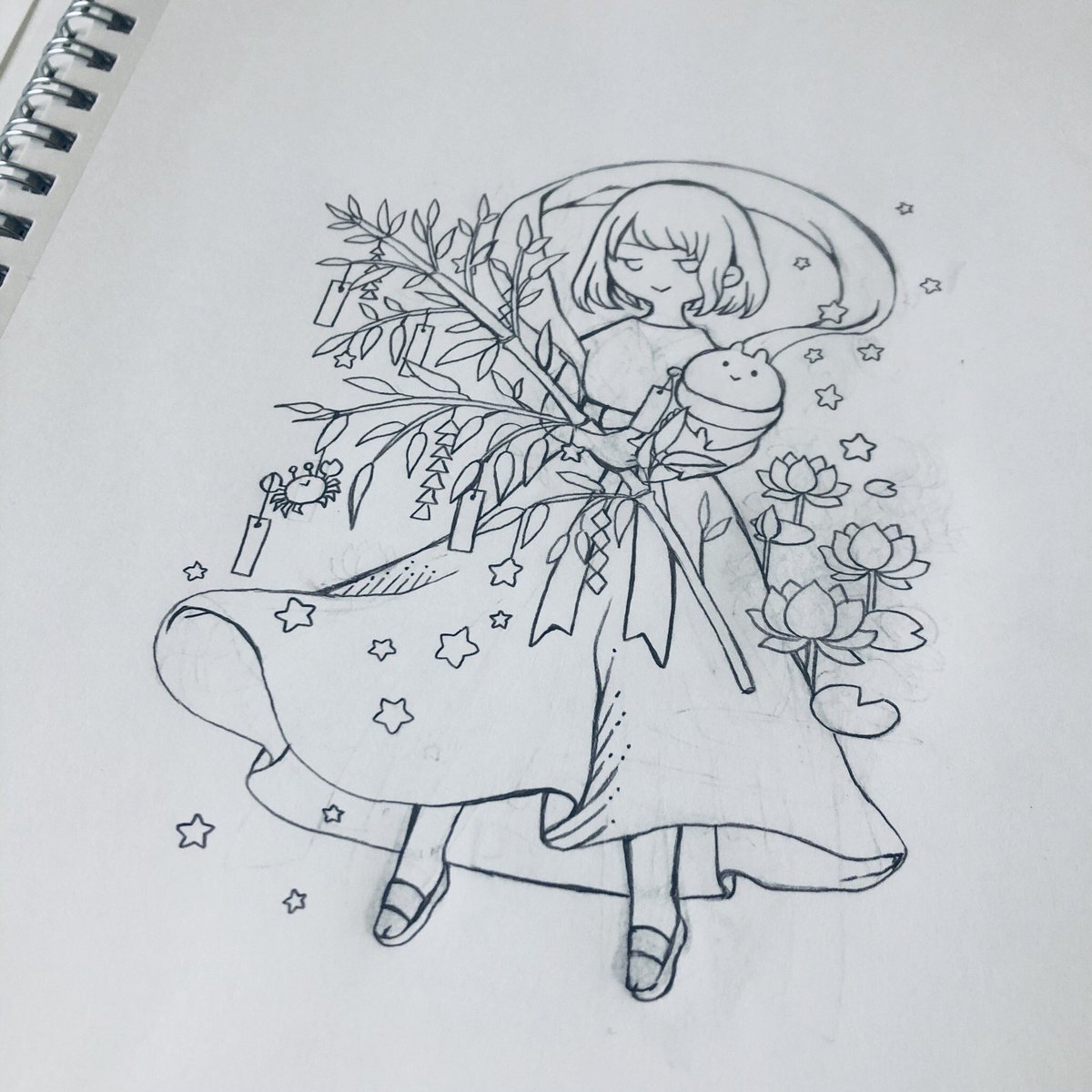 ゆんふぁくとりー 7月イラストの下絵 迷走したので少し時間がかかりました あとは パソコンで色を塗るだけ 頑張ろう 7月イラスト 下絵 オリジナル イラスト 七夕