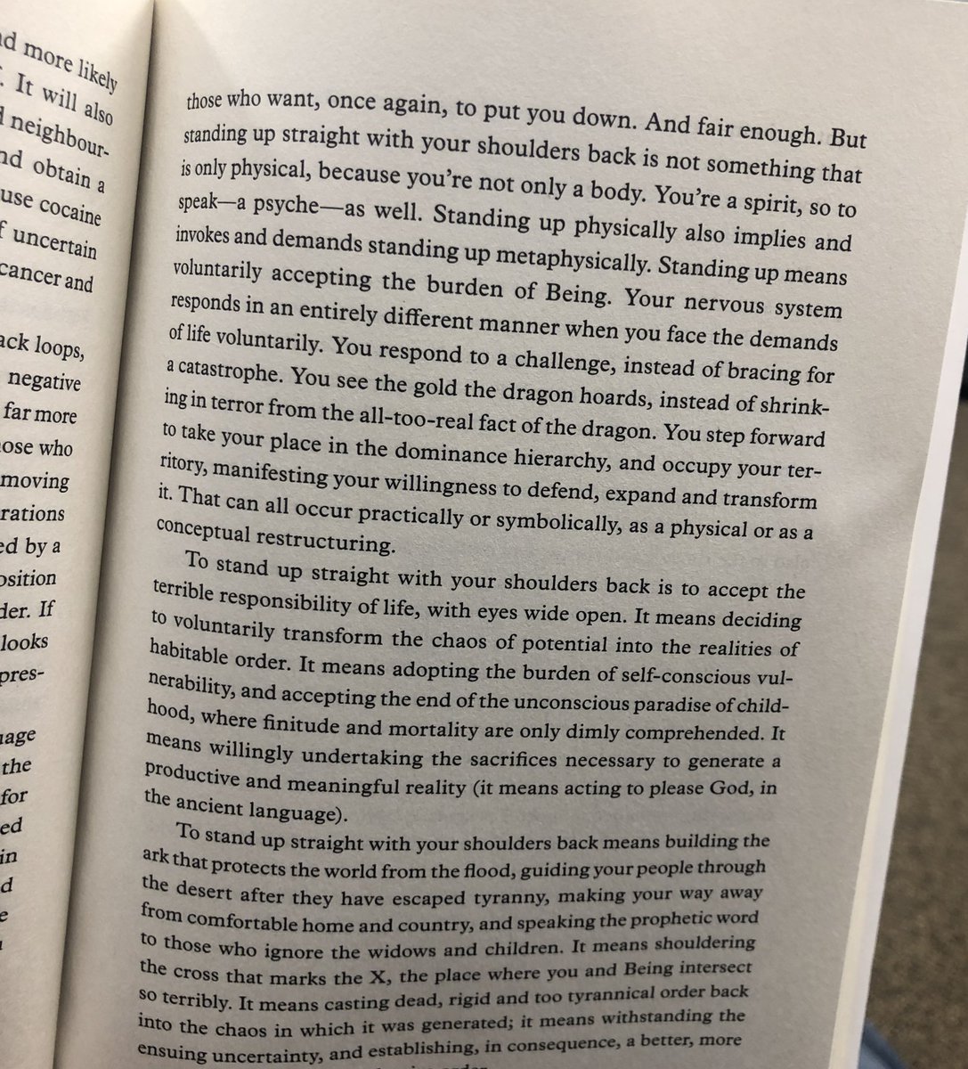 Standing up straight with your shoulders back is not something that is only physical, because you’re not only a body.

You’re a spirit, so to speak-a psyche - as well. 

You respond to challenge, instead of bracing for catastrophe.

#books #12rulesoflife
