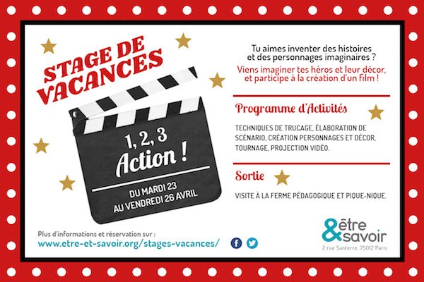 [Stage vacances] 23-26 avril 2019 • Stage « 1,2,3, Action ! ». Participer à la création d’un film ! Élaboration de scénario, création de décor et de personnages, stop motion. Sortie pique-nique et visite à la ferme pédagogique. Pour s'inscrire ➡️ etre-et-savoir.org/stages-vacances