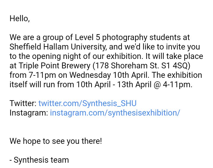 Synthesis_SHU's tweet photo. Five days. #triplepointbrewery #synthesisshu #itsthefinalcountdown #sheffield https://t.co/ifii8V4wub