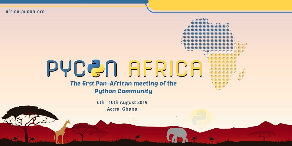 We are excited to officially announce #PyCon Africa, the first pan-African gathering of the #Python community!
The conference will take place from 6th - 11th August 2019 in Accra, #Ghana. To find out more visit africa.pycon.org

#PyConAfrica #PyCon #PythonAfrica
