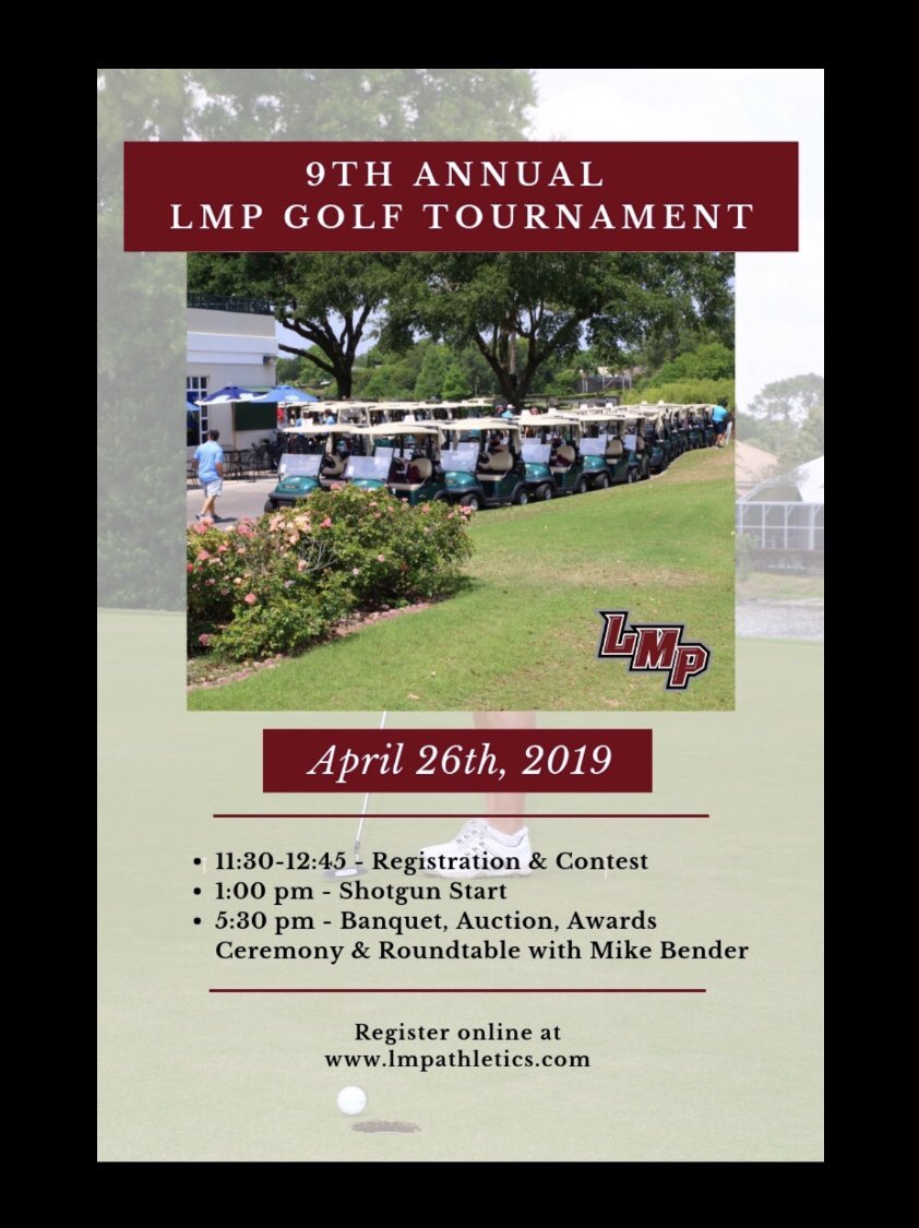LMPathletics's tweet photo. Signups are still open for the 2019 Summer of Fun Golf Tournament on April 26th at Timacuan! Come support LMP Athletics and join us for raffles, mulligans, auction, and awards #gogriffins #lmpathletics
https://t.co/zCOGaVWHAg https://t.co/78HMUAQBHe