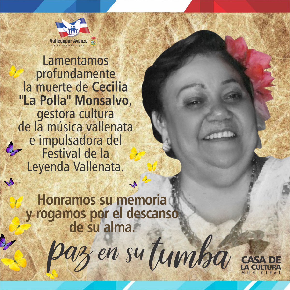 Cecilia "La Polla" Monsalvo fue una mujer que se destacó en el "país vallenato" por su disciplina, organización, prudencia, calidad y perseverancia. Impulsora del <a href="/FESVALLENATO/">Festival Vallenato</a> propenderemos porque su legado trascienda a través de las generaciones #ValleduparEsCultura