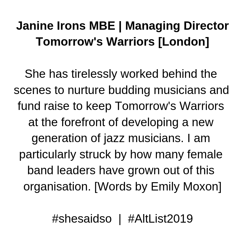 Tom_Warriors's tweet photo. Congratulations to our co-founder/CEO @janine_irons on being recognised in the @shesaid_so Alternative Power 100 Music List for her change-making work @Tom_Warriors helping to increase diversity and inclusion in the music industry. https://t.co/J5Wp5M4fvw #IAmWarrior #AltList2019 https://t.co/Jv3sRk0Wvj