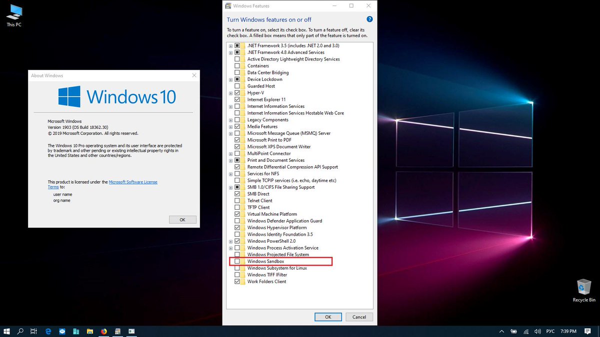 WZorNET's tweet photo. @comss тем у кого обновление #KB4497464 (Build 18362.30) поломало #Sandbox совет, попробуйте вначале убрать #Sandbox, и затем перезагрузив систему вернуть его в систему обратно, должно помочь! https://t.co/87mpjCcTzv