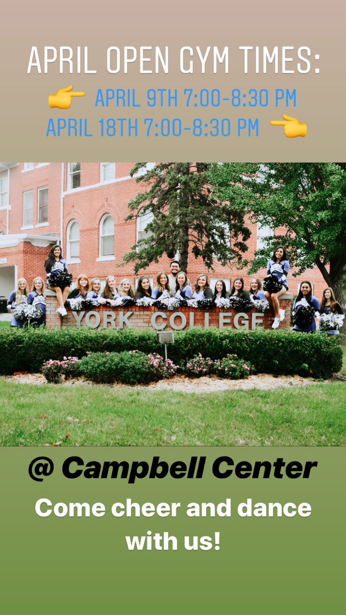 YUPanthersCCDT's tweet photo. What’s that? April Open Gyms are coming up! Join us April 9th and 18th from 7:00-8:30pm to work with our current team and coaches. Both cheerleaders and dancers are welcome! 💙

Contact Coach Bailey with any questions bdavis@york.edu https://t.co/uU6AIxeGzn