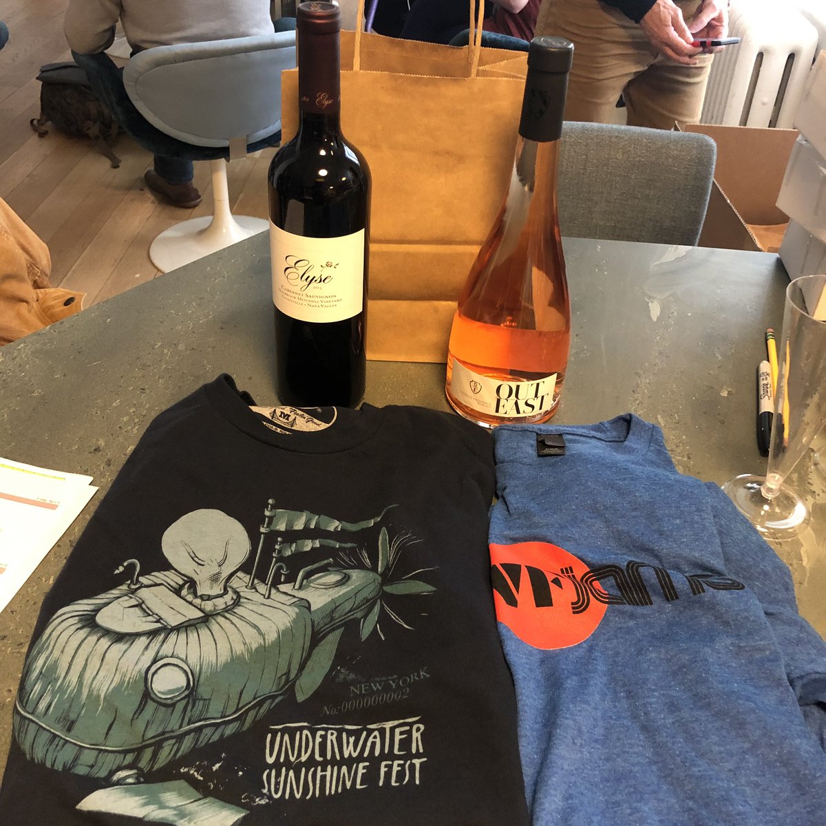 One of our @underwatersunshinefest gift bags feat wine from <a href="/ElyseWinery/">Elyse Winery</a> &amp; <a href="/OutEastLife/">outeastlife</a> and tees from us &amp; <a href="/VicFirth/">Vic Firth</a>! Thanks everyone!