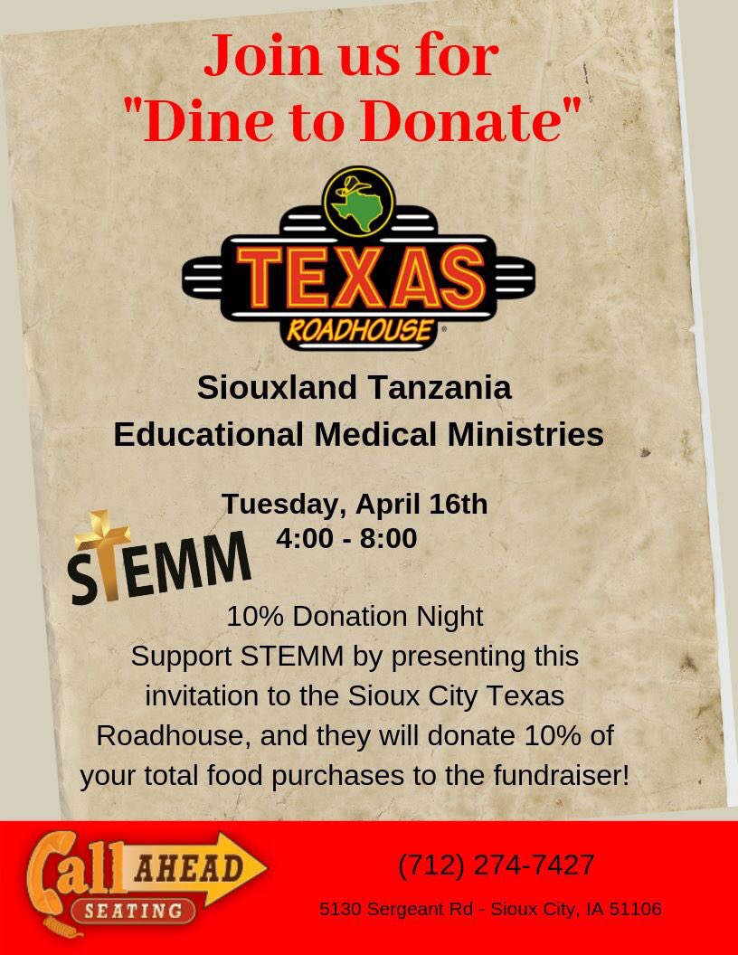 STEMM7's tweet image. Join us at Texas Roadhouse on Tuesday, April 16 from 4:00-8:00. 

Tell your server you're with STEMM and 10% of your total food purchases will be donated to STEMM.