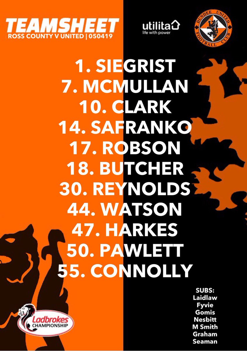 dundeeunitedfc's tweet photo. #DUFC team | SIEGRIST, MCMULLAN, CLARK, SAFRANKO, ROBSON, BUTCHER, REYNOLDS (c), WATSON, HARKES, PAWLETT and CONNOLLY Subs: Laidlaw, Fyvie, Gomis, Nesbitt, M Smith, Graham and Seaman 🧡🖤 https://t.co/sjZBRB66jf