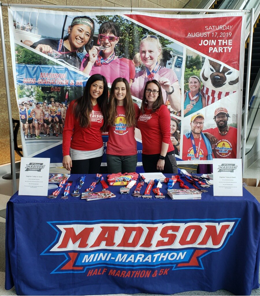 MadisonMini's tweet photo. MMM Ambassadors Rockin' @MKE_Marathon Expo today at LIVE BLOCK at  @FiservForum Milwaukee Bucks Stadium!! Stop by the booth and see these ladies to REGISTER &amp; SAVE on the Madison Mini Half &amp; 5k today from 11am-8pm!! #madisonmini #madisonwi #halfmarathon #5k #2019runninggoals https://t.co/hXVDV6RVed