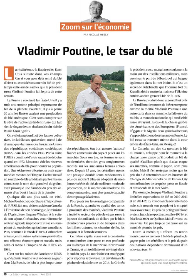 Intéressante citation de Socrate : « personne ne mérite d’être chef d’état s’il ignore les enjeux du blé « . A méditer pour nos politiques qui se soucient pas des enjeux agricoles. Contrairement au tsar russe...