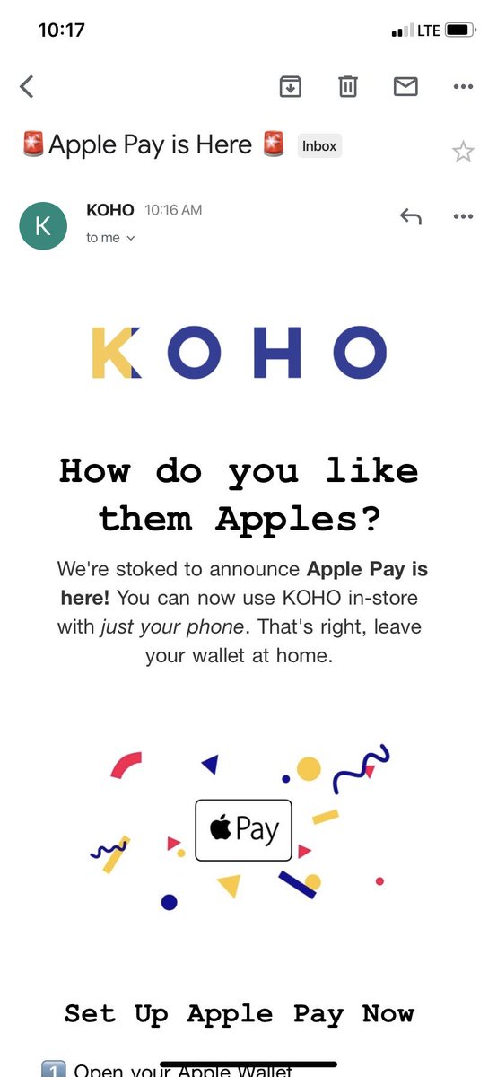 Oh, real excited for this one. <a href="/Apple/">Apple</a> pay  meet <a href="/GetKoho/">KOHO</a>. <a href="/GetKoho/">KOHO</a> meet <a href="/Apple/">Apple</a> pay. I think you're going to get along.