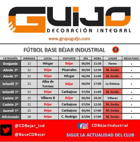BaseCDBejar's tweet photo. ¡¡¡¡VIEEEERRRRRRRRRNEESSSSSSSS!!!! 😍

❄️ Si el tiempo lo permite, este finde se juega la Jornada 2⃣2⃣ en todas las categorías de fútbol base.

🏟️ ¡6 partidos en Mario Emilio entre sábado y domingo! 

#ElBéjarQueViene ❤️🖤 https://t.co/GPy21KULZi