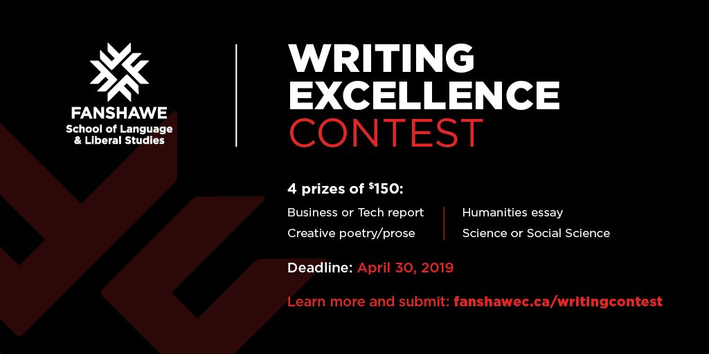 The Writing Excellence Contest will challenge your creativity, test the might of your pen and earn you money! If you can write, you can win. It's that easy.
Learn more or submit at fanshawec.ca/writingcontest

#FanshaweCollege #GetCreative #WritingContest