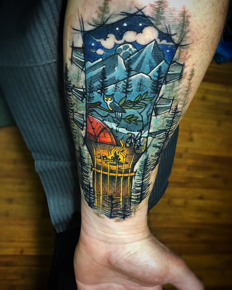 My family, camplife, music, bike it, my friends surround me. #tattooidea #starcitytattoo #permanent #tattoo #owl #roanoke #camp #music #gooutside