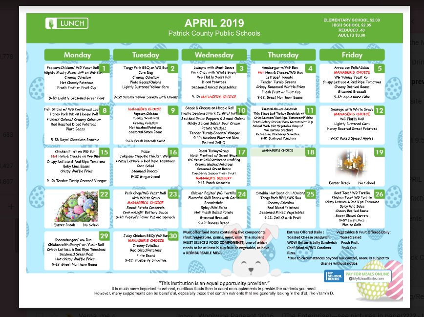 WW_Teach's tweet photo. April Menus and Pizza is also a  choice for lunch!  Remember breakfast is free for all students!  Get your day started right with a great breakfast! Food for your brain! https://t.co/XzYFJnoCRq
