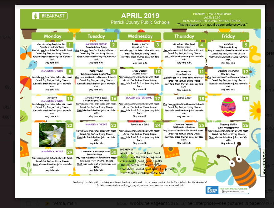 WW_Teach's tweet photo. April Menus and Pizza is also a  choice for lunch!  Remember breakfast is free for all students!  Get your day started right with a great breakfast! Food for your brain! https://t.co/XzYFJnoCRq