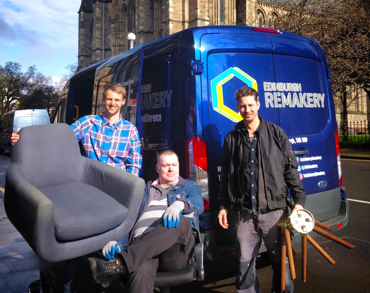 revolvereuse's tweet photo. We caught up with some of the team at Revolve certified @EdinRemakery on their rounds this week. They were collecting unwanted furniture from local businesses, which is then refurbished at their great social enterprise community repair hub at Leith.  #RevolveReuse #MakeThingsLast https://t.co/uB50li0R2D