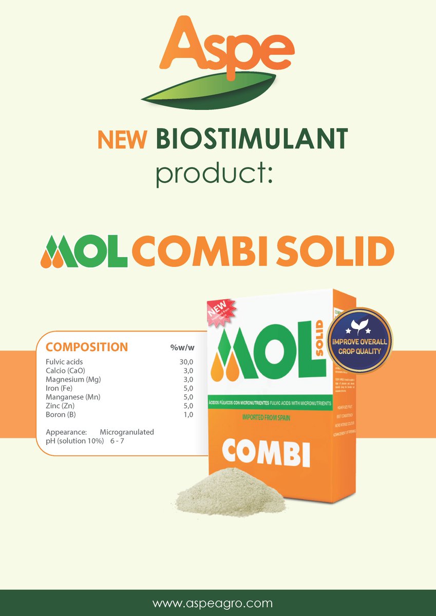 Mol Combi Solid is a product which includes in its composition macro and micronutrient complexes with fulvic acids extracted from liquid fossil.

aspeagro.com/en/news.html