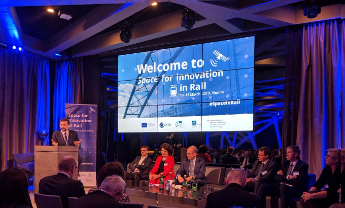 EU4Space's tweet photo. Space4Rail: From innovation to implementation. The #SpaceInRail conference brought #innovations & projects that are enhancing the #rail sector to the table, in #Vienna. Discover the latest R&D progress in #rail, here: https://t.co/FjNP6xXUoA @Shift2Rail_JU @bmvit_infothek https://t.co/ZHsD9DEysk