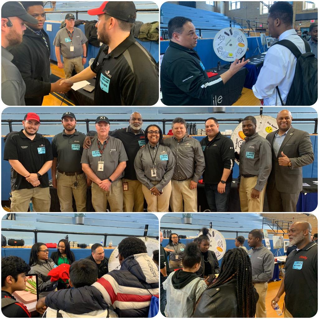 ComcastPhillyNJ's tweet photo. Yesterday, employees representing our tech ops, warehouse and IT fields participated in #CareerDay at #AsburyPark High School! Our team had a great time connecting with the students on career pathing and our @Xfinity products! #thefutureisbright @Asbury_ParkSD @comcastcareers https://t.co/ZW3mXQE9fq