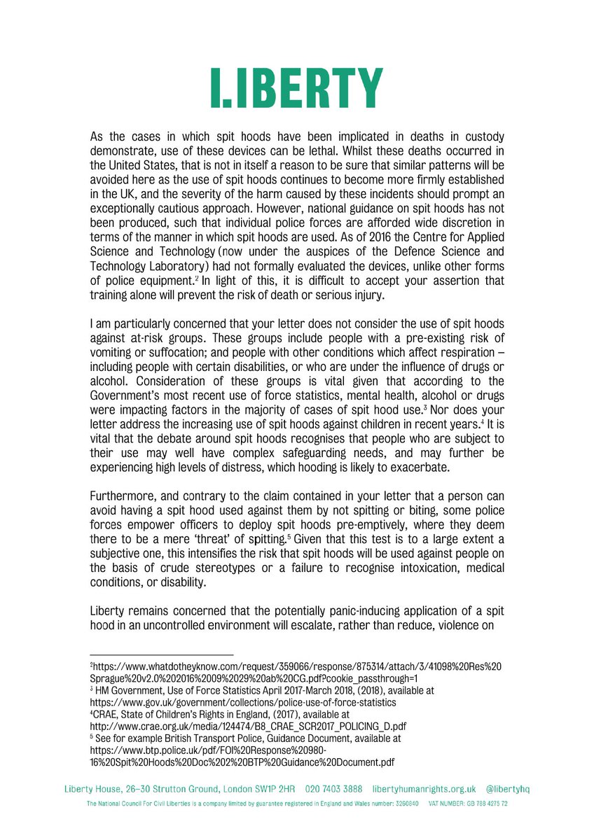 libertyhq's tweet photo. We had a useful meeting with @PFEW_Chair @PFEW_Simon yesterday. Itโs important to listen and share our point of view and we look forward to future dialogue. This letter sets out our concerns on spit hoods: https://t.co/M9HXPENhfu
