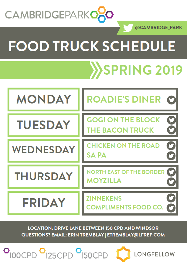 Our 2019 Spring Food Truck Schedule has officially begun! We are welcoming <a href="/BaconTruckBOS/">The Bacon Truck</a> and <a href="/complimentsfood/">Compliments Food Co</a> to the schedule! <a href="/zinnetruck/">Zinneken's Truck</a> will be here every other Friday. Happy Spring! <a href="/VecnaFoodTrucks/">Vecna Food Trucks</a> @WhatTheTrucks <a href="/TheBFTA/">Boston Food Trucks</a> <a href="/bostonfoodtruck/">Boston Food Trucks</a> #campusperks #CPD