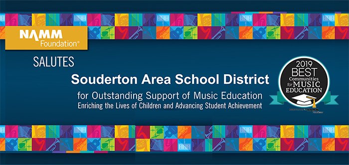 SASDinfo's tweet image. Souderton Area School District is proud to announce its recent designation as one of the &quot;Best Communities for Music Education&quot; by the NAMM Foundation. SASD was one of 623 school districts nationally to receive the designation. #SASDPride Details at soudertonsd.org/NAMM-award-2019