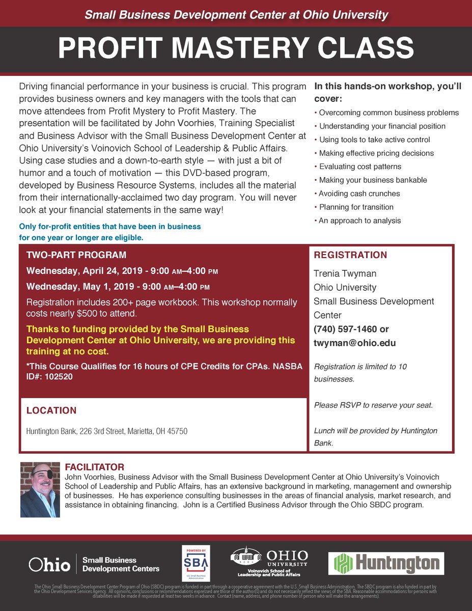 SBDCOhioU's tweet photo. Do you own a small business Marietta, OH &amp; would like to be in control of your financial performance? If you have been in business for @ least 1 year, then you need to try our 2-Part Profit Mastery Class April 24 &amp; May 1st! Register here:  

https://t.co/ftrPBk1Z25 https://t.co/SI2rshgoOx