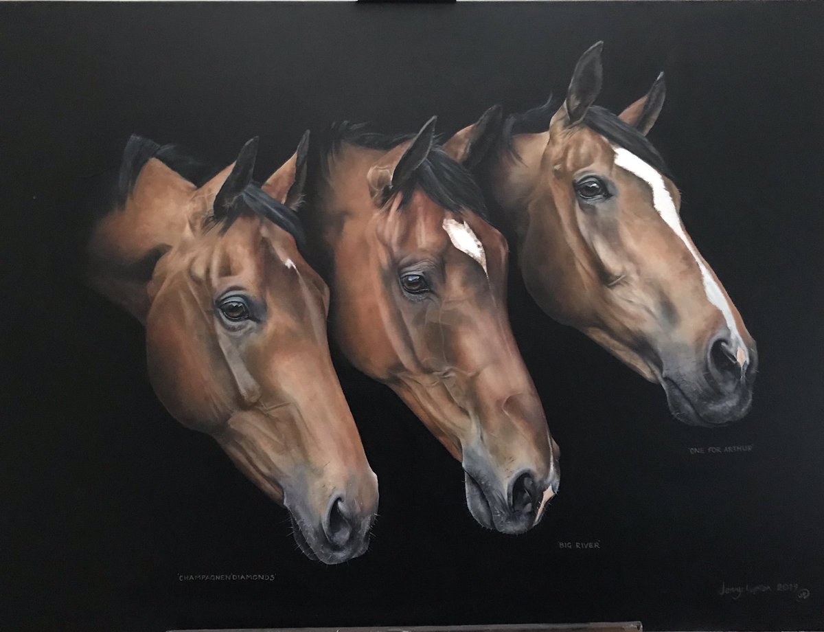 Most recent piece, oil painting at I metre by 75 cm #OneForArthur  #Aintree  #GrandNational2019 with pal #BigRiver #ScottishNational2019 #AyrRacecourse and the lovely #champagnendiamonds