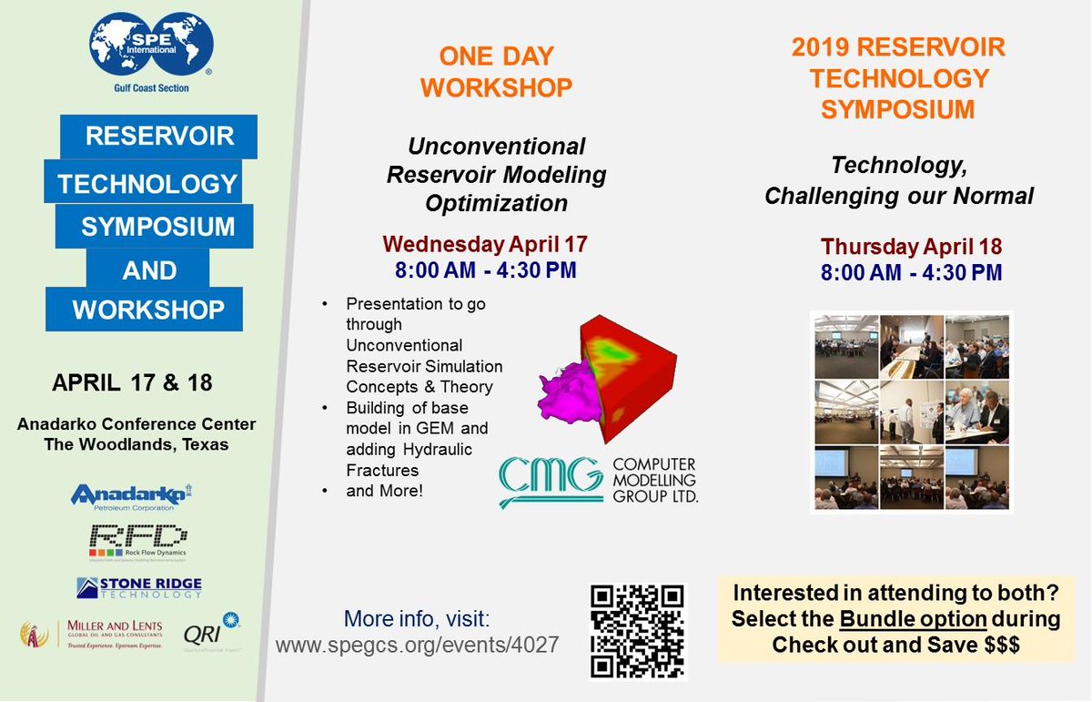 #RTS19xCMG

Two great events back to back!

04/17 - Reservoir SG has partnered with Computer Modelling Group Ltd. one day workshop about the latest technology in reservoir modeling for unconventionals

More info here: spegcs.org/events/4346/
04/18 - SPE GCS Reservoir Symposium