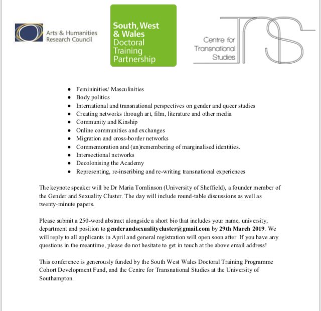 Keep your abstracts coming in, submissions due this Sunday for our #gender #histsex conference‼️
Open to all PGRs with an exciting keynote <a href="/MariaKTomlinson/">Dr. Maria Tomlinson</a>, we can’t wait for you to join us!
<a href="/CamGendSexHist/">Cambridge Gender and Sexuality History Workshop</a> @QueerHistoryGLD @ReadingGender <a href="/abergender/">Aber Gender</a> <a href="/GandSSoton/">GenderSexualitySoton</a> <a href="/LSEGenderTweet/">LSE Gender</a>
