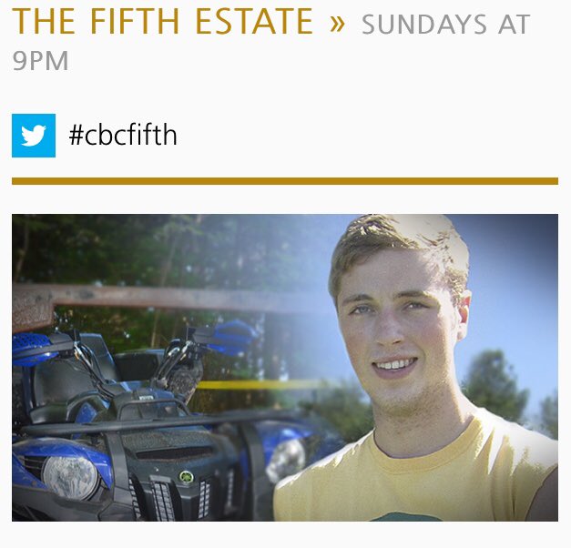 Jakesbenefit's tweet photo. Sunday night at 9:00 on CBC The Fifth Estate #cbcfifth “Dead End: An Investigation Gone Wrong”
#themostgenuineguy #teamhughes https://t.co/rEnEA9GFRh