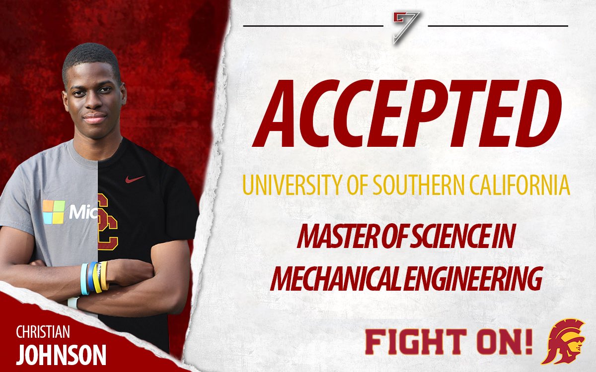 cjallday_7's tweet image. Chapter III: #TheTransfer ↗️ I’ll be attending the University of Southern California to get my Masters degree in Mechanical Engineering! I thank God for this opportunity because he’s really been looking out for your boy. Never quit until you win. As always, #FightOn✌🏿