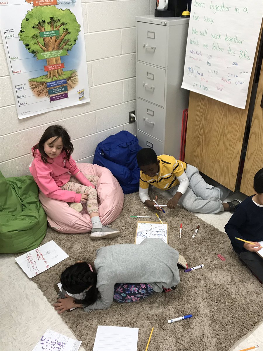 First graders collaborating on Leadership Day posters. NLE is growing leaders! <a href="/leaderinme/">The Leader in Me</a> #habit2