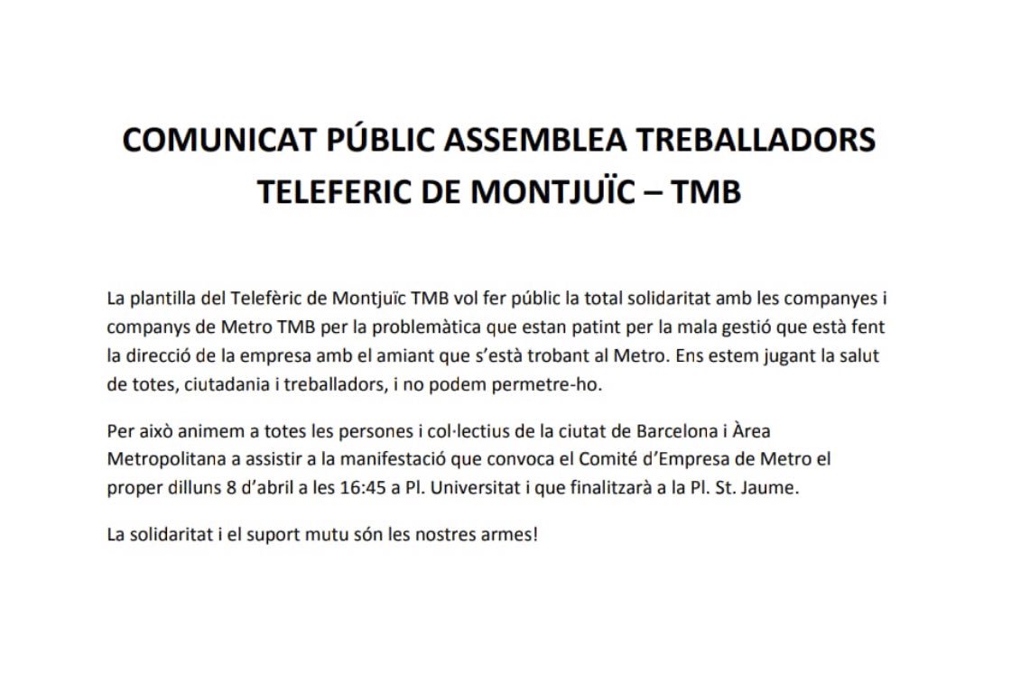 Tota la nostra solidaritat amb la plantilla de Metro. Suport mutu, sempre! #AmiantMata Dilluns 8 tots a la manifestacio a Pl. Universitat a les 16:45.