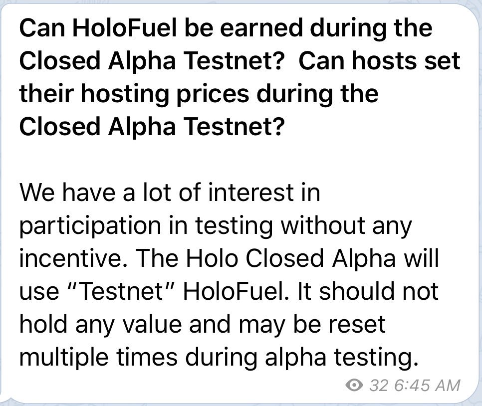 Cris_DVM's tweet photo. ‘Can HoloFuel be earned during the Closed Alpha Testnet? Can hosts set their hosting prices during the Closed Alpha Testnet?’ #HoloFAQ
#Holo #Holochain $hot https://t.co/lc8aUf9R0d