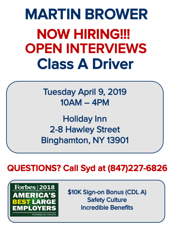 Come join <a href="/MBHires/">Martin Brower</a> at our upcoming #OpenInterviews session on April 9! We'd be pleased to meet you! #MBHires #careerfair #HiringNow #NowHiring #Classadrivers #openinterviews #Drivers #driverjobs #newyorkjobs
