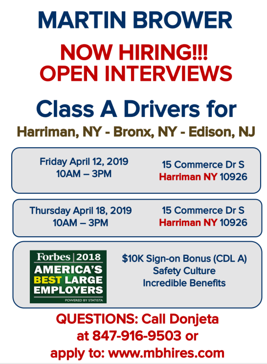 Come join <a href="/MBHires/">Martin Brower</a> at our upcoming #OpenInterviews sessions! We'd be pleased to meet you! #MBHires #careerfair #HiringNow #NowHiring #Classadrivers #openinterviews #Drivers #driverjobs #newyorkjobs #newjerseyjobs