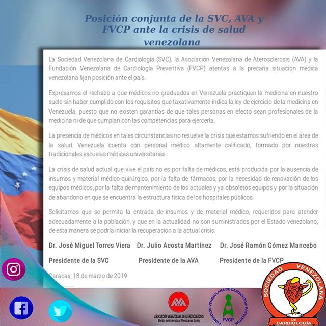 CardiologiaSVC's tweet photo. #SVCInforma sobre la Posición conjunta de SVC, AVA y FVCP ante la crisis de salud venezolana. Entérese más >> https://t.co/nqGqIusv54 #Cardiología #Crisis #Salud #SVC #AVA #FVCP #Venezuela https://t.co/8GzLqNaIpz
