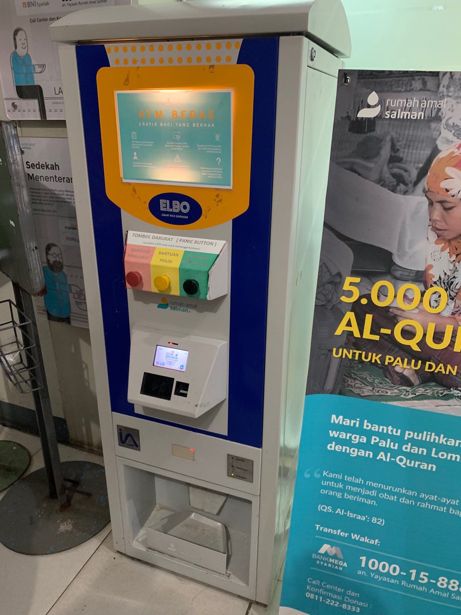 World’s first rice atm at Salman Mosque in Bandung: Dispenses rice to people on welfare using their electronic ID card. #mesjidsalman #bandung #Institutteknologibandung