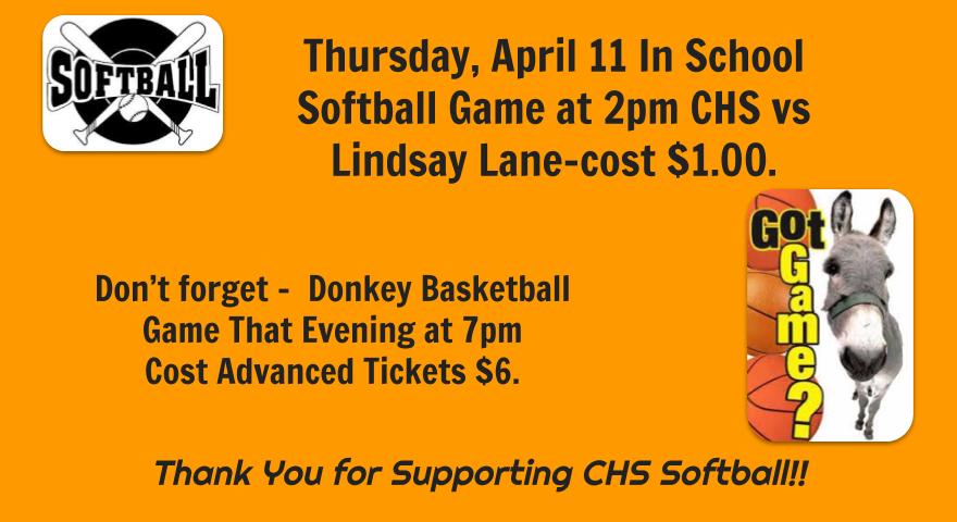 ClementsHighAL's tweet photo. April 11 - In School Softball Game - 2pm at  CHS vs Lindsay Lane PLUS Donkey Basketball that night at 7pm!! @LCSforKids https://t.co/zjfYYxdP5Y