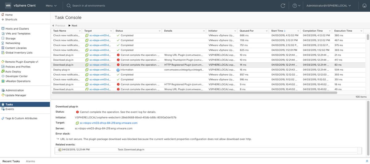 vladi_velikov's tweet photo. [New] It's in! #PluginManagementUI in the #vSphere Client 6.7U2 !
Track plugin installation workflow via #vCenter tasks and troubleshoot plugin deployment errors directly through the UI.
Thanks @vCenterNerd for the awesome post: https://t.co/yGJObTPYA1 #vExpert https://t.co/5M6cjvYN6H